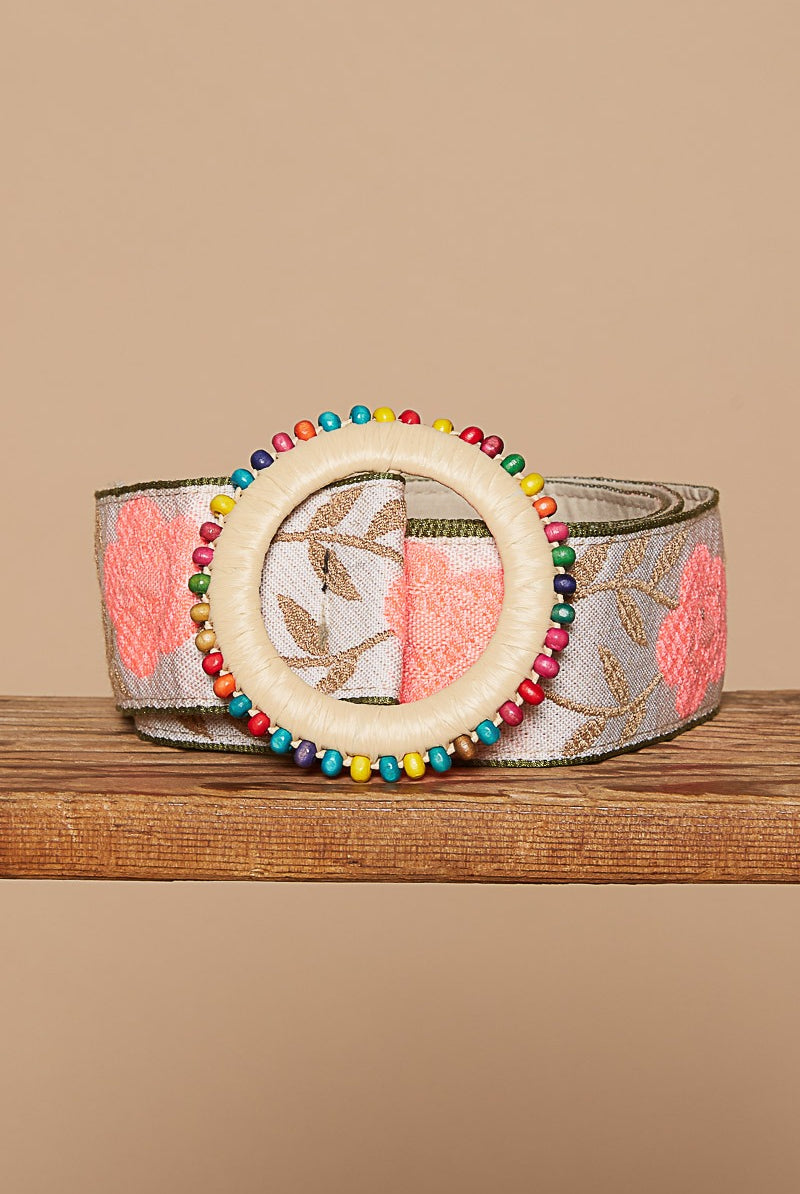 Floral Woven Belt with Multicolored Beaded Buckle - POL - RARA Boutique