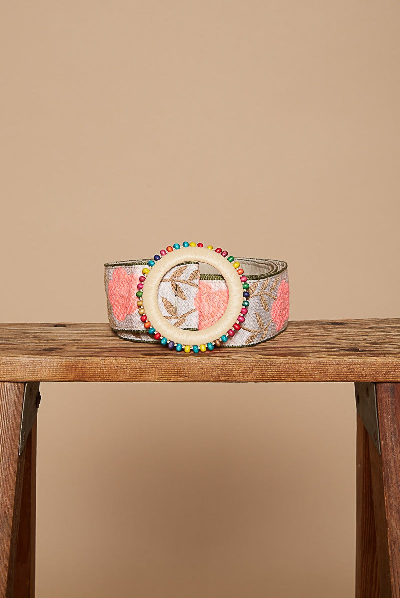 Floral Woven Belt with Multicolored Beaded Buckle - POL - RARA Boutique