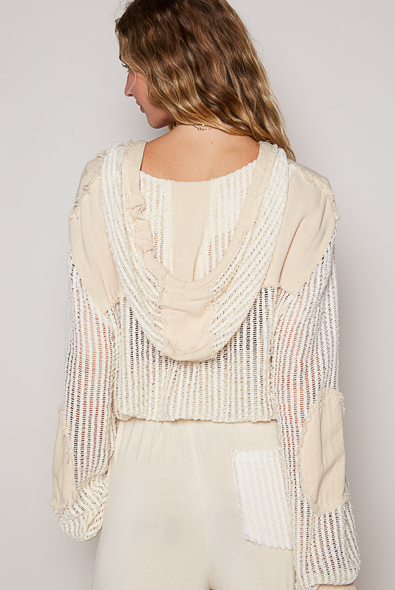 Open Knit Contrast Hooded Shacket with Frayed Edges - POL - RARA Boutique