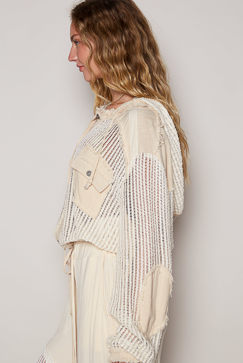 Open Knit Contrast Hooded Shacket with Frayed Edges - POL - RARA Boutique