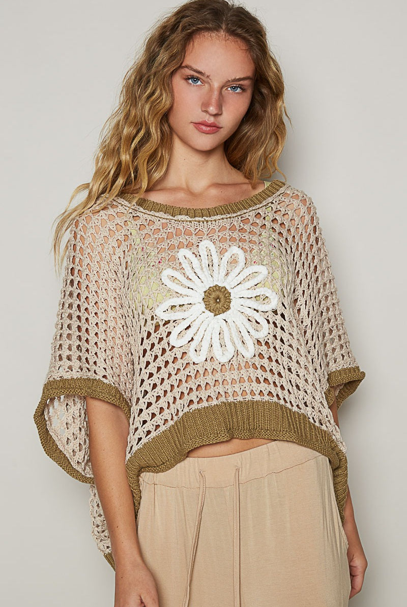 RARA Boutique Daisy Flower open-knit crochet sweater in soft yarn with floral design, lightweight and stylish for spring.