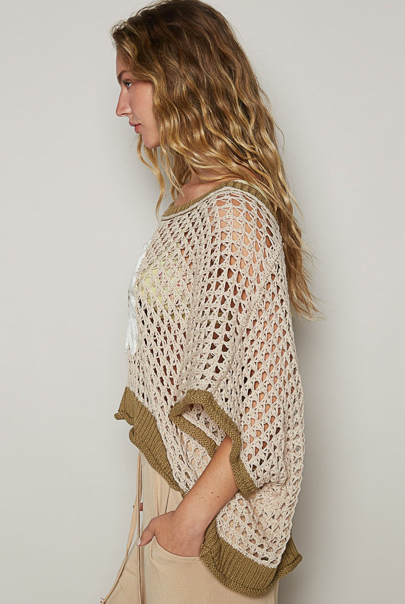RARA Boutique Daisy Flower open knit crochet sweater in soft yarn, featuring floral patterns and a cozy, breathable design.