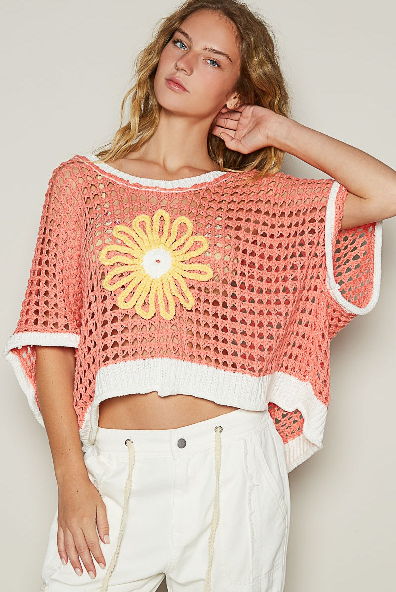 RARA Boutique Daisy Flower open knit crochet sweater in soft fabric, featuring a floral pattern and relaxed fit.
