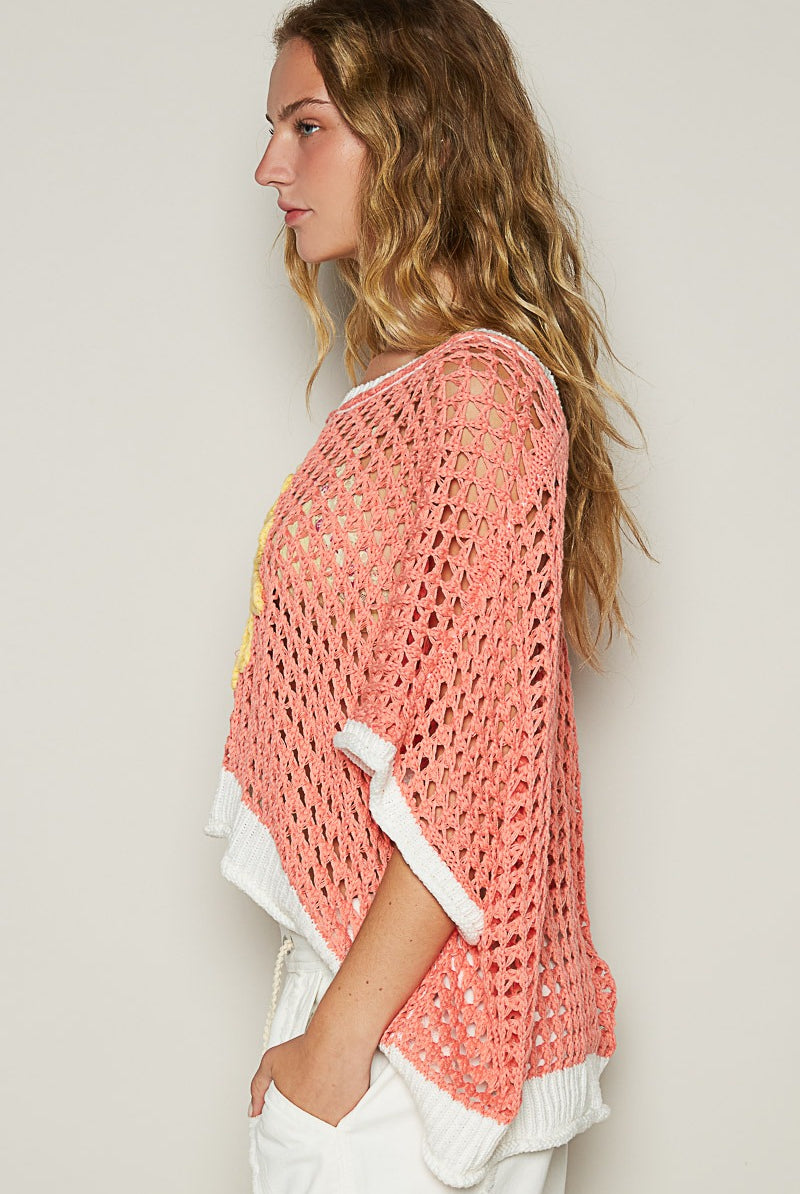 RARA Boutique Daisy Flower open knit crochet sweater in soft pastel colors, featuring a floral pattern and relaxed fit.