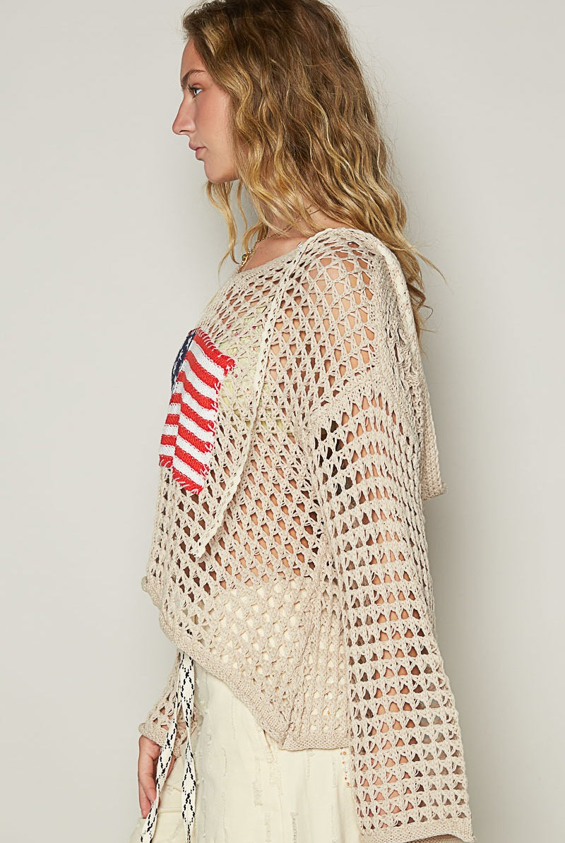 American Flag Open Knit Crochet Sweater Top - POL - RARA Boutique