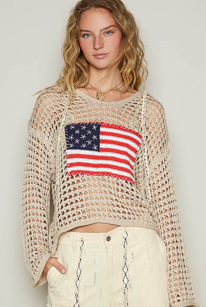 American Flag Open Knit Crochet Sweater Top - POL - RARA Boutique