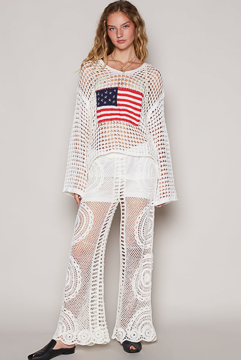 American Flag Open Knit Crochet Sweater Top - POL - RARA Boutique