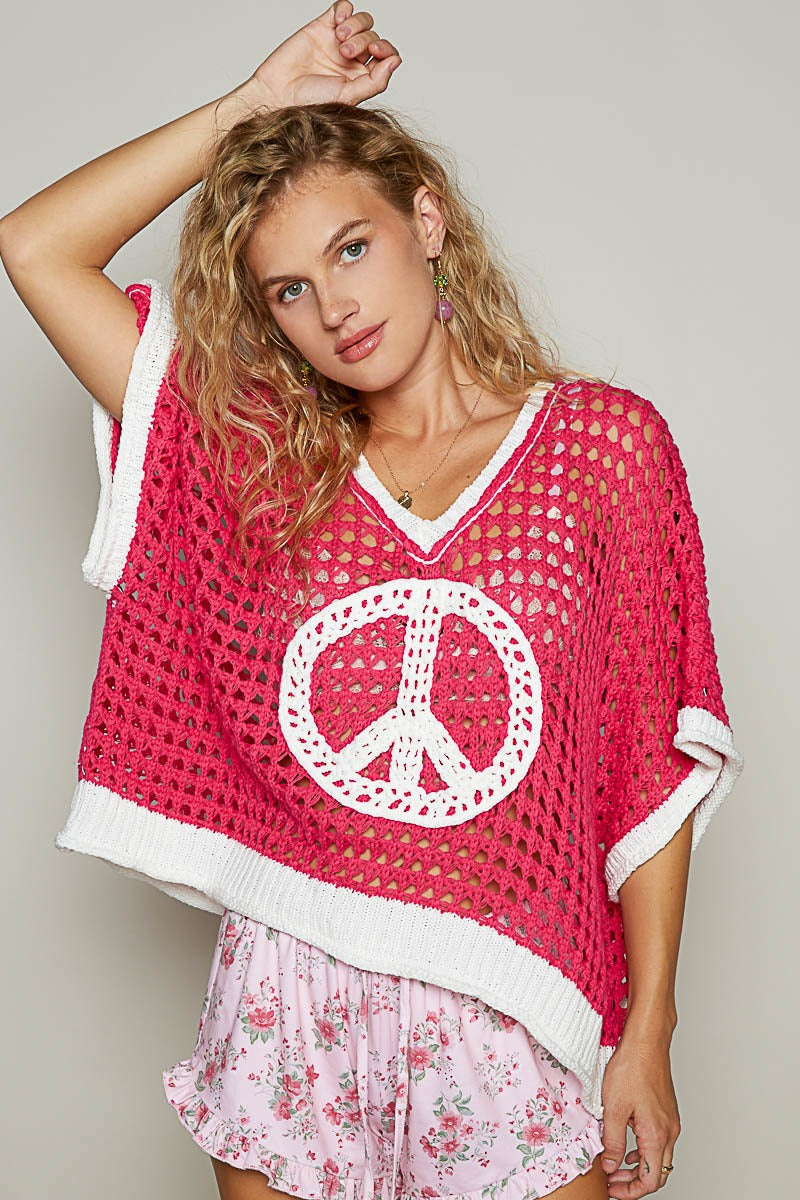 Open Crochet Oversized Peace Sign Sweater - POL - RARA Boutique