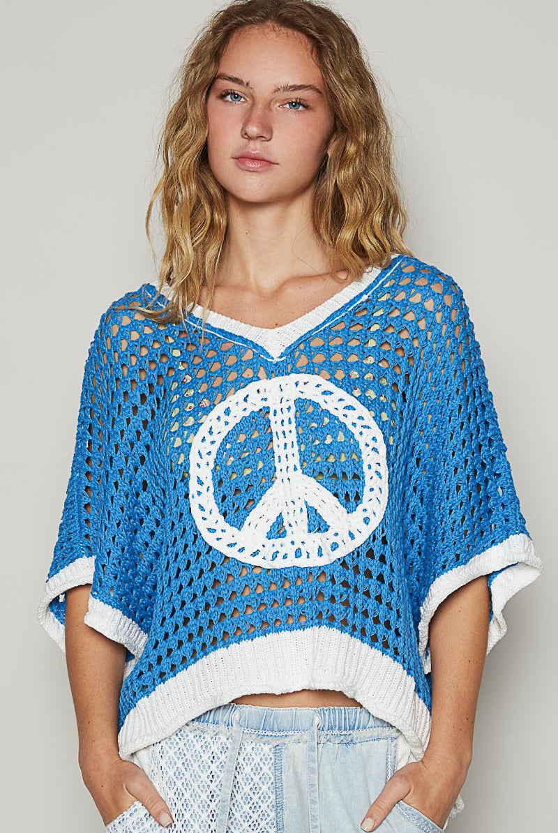 Open Crochet Oversized Peace Sign Sweater - POL - RARA Boutique