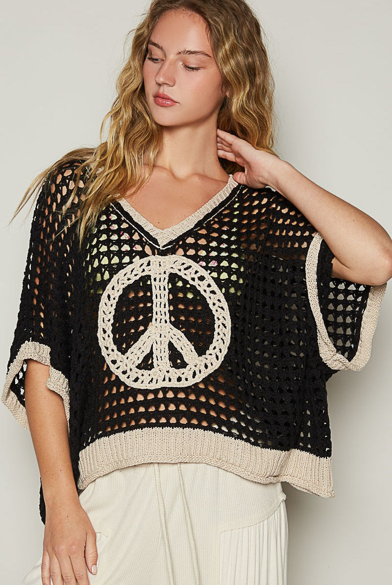 Open Crochet Oversized Peace Sign Sweater - POL - RARA Boutique