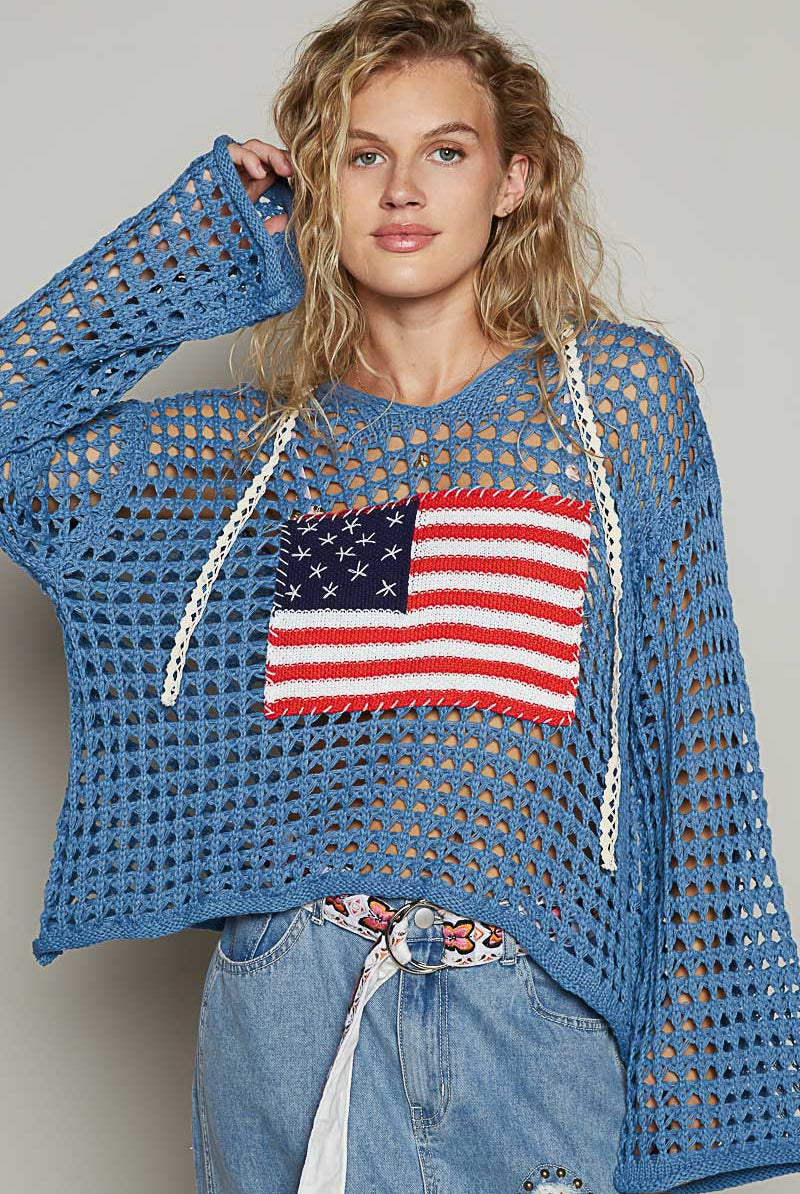 American Flag Open Knit Crochet Sweater Top - POL - RARA Boutique