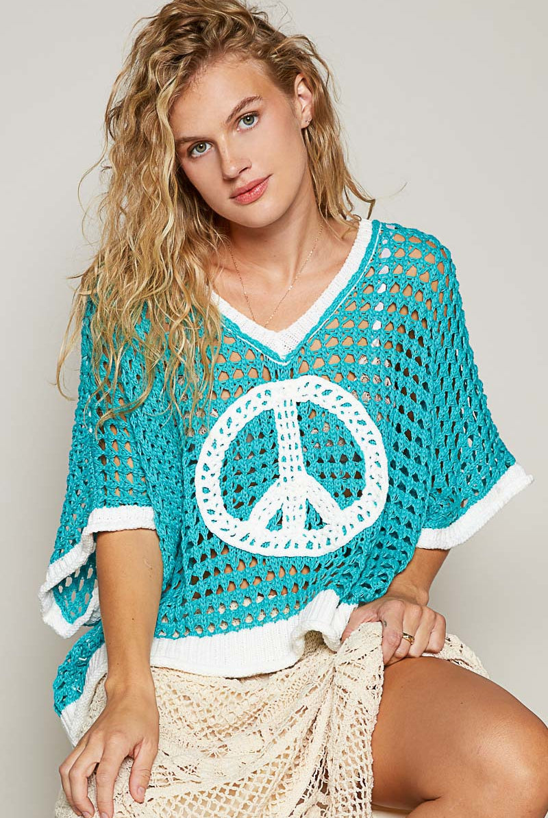 Open Crochet Oversized Peace Sign Sweater - POL - RARA Boutique