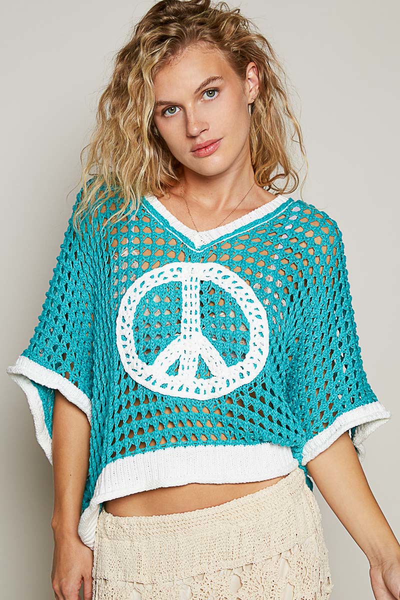 Open Crochet Oversized Peace Sign Sweater - POL - RARA Boutique