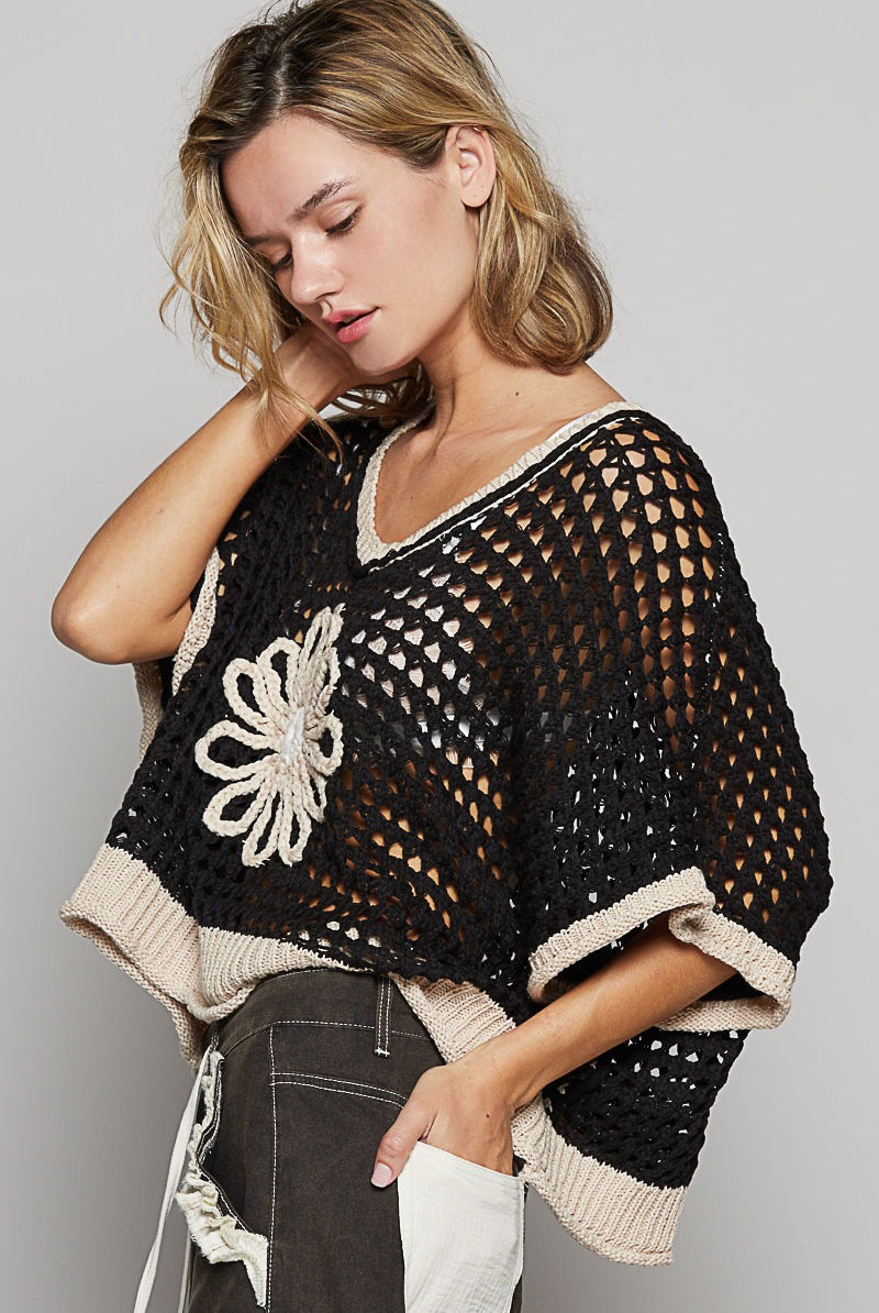 RARA Boutique Daisy Flower open knit crochet sweater in soft fabric, featuring a delicate floral design and relaxed fit.