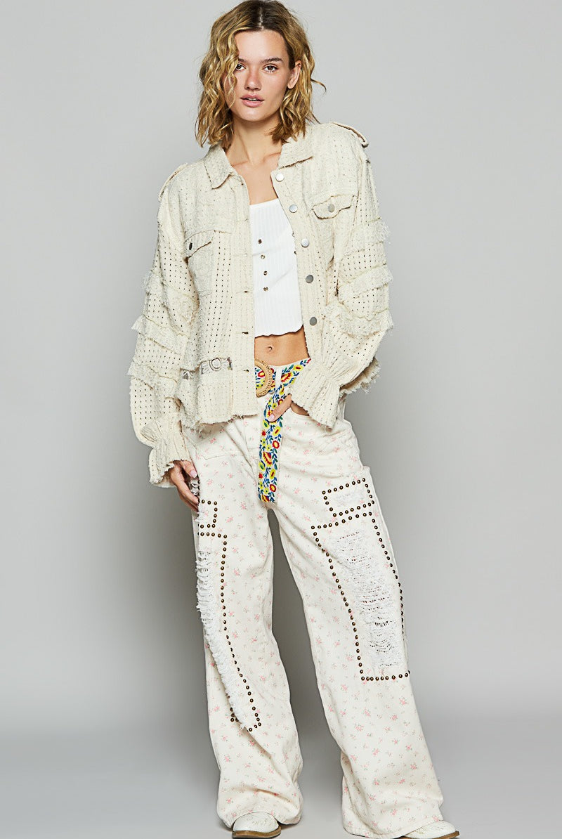 RARA Boutique lace ruffle raw hem twill shacket, stylish jacket featuring lace details and distressed raw hem, perfect for casual wear