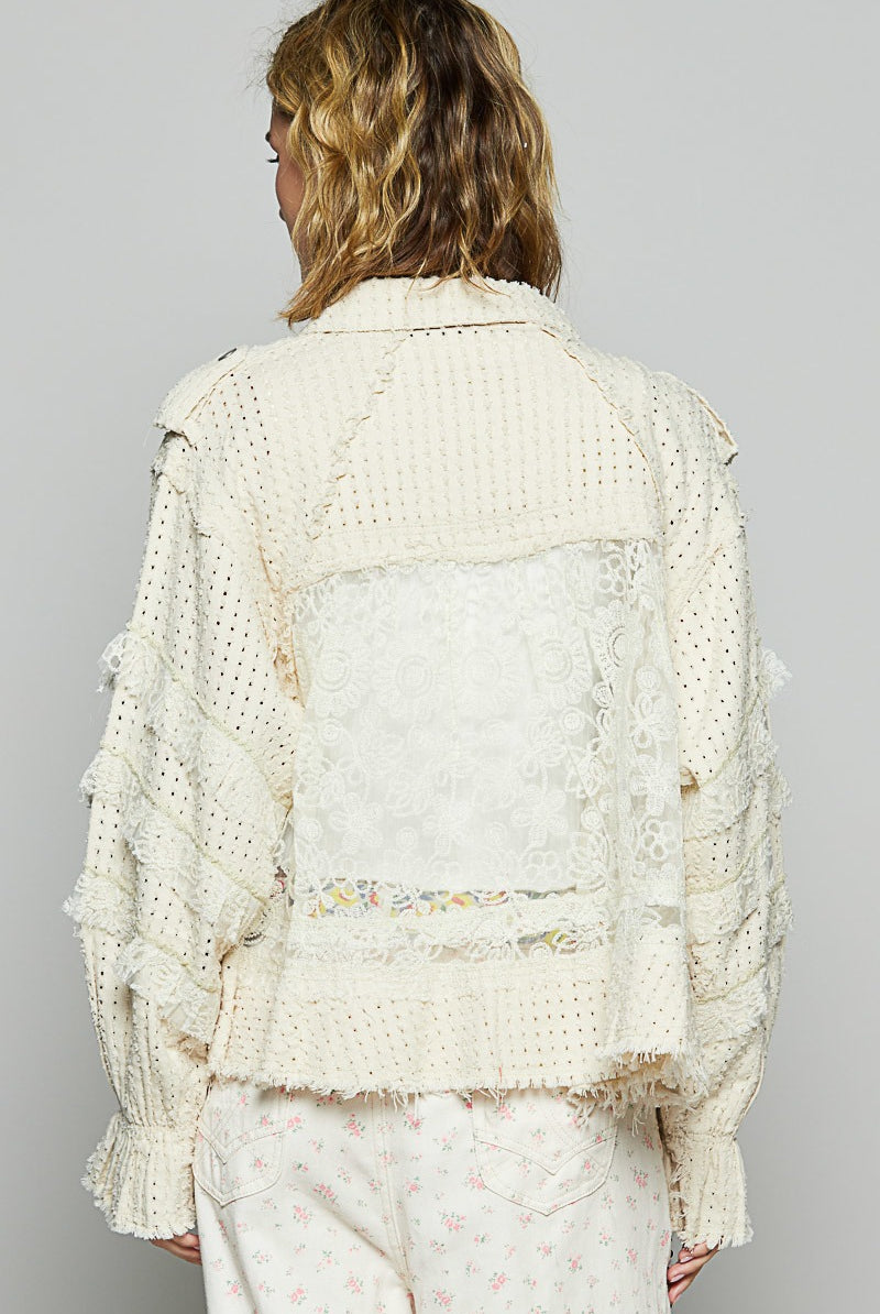 RARA Boutique lace ruffle raw hem twill shacket, stylish lightweight jacket with ruffle details and raw hem finishing.