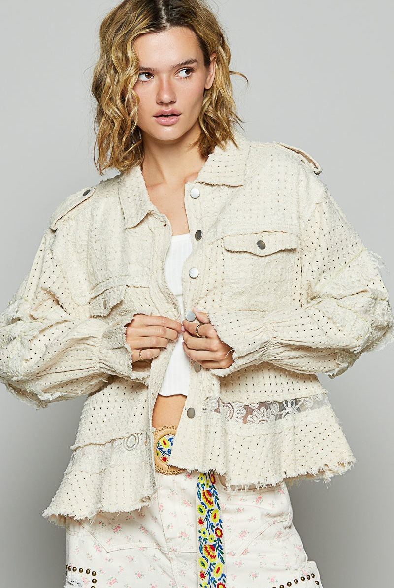 RARA Boutique lace ruffle raw hem twill shacket jacket featuring ruffled details and a stylish raw hem design.