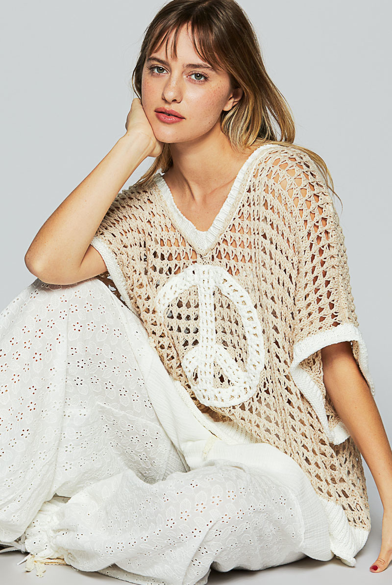 Open Crochet Oversized Peace Sign Sweater - POL - RARA Boutique