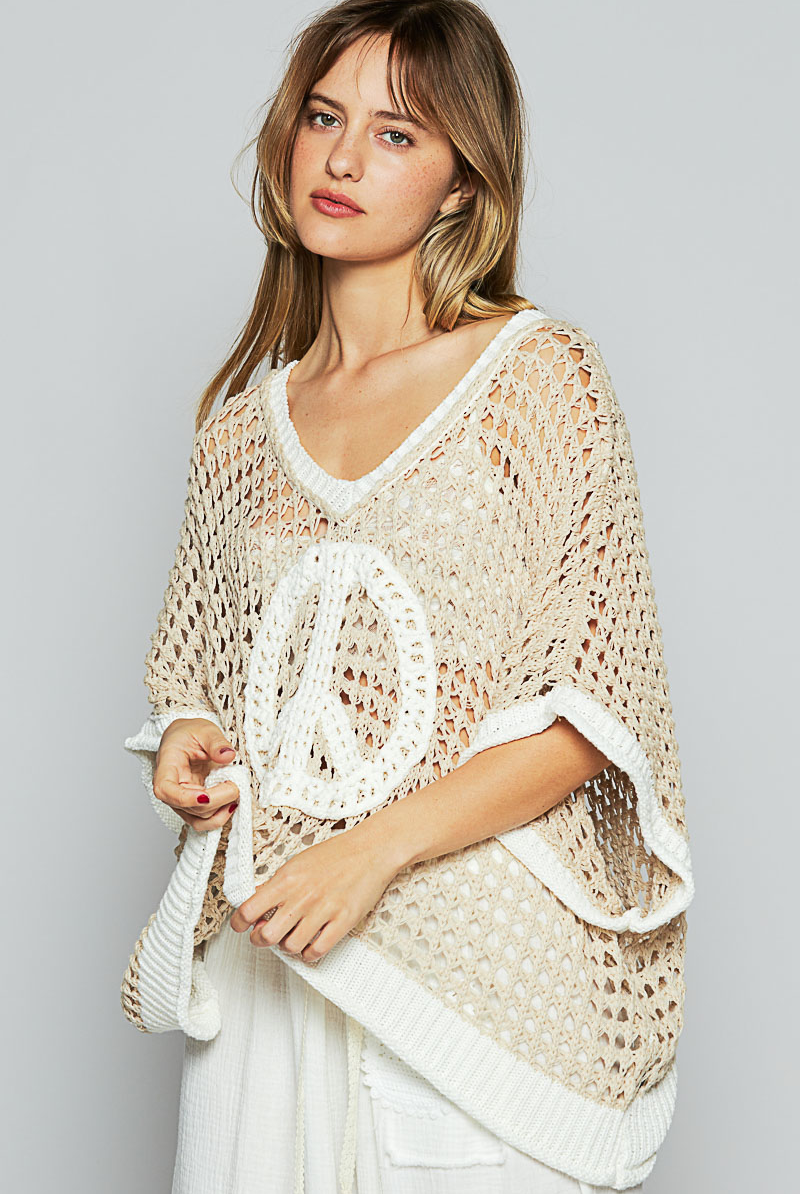 Open Crochet Oversized Peace Sign Sweater - POL - RARA Boutique