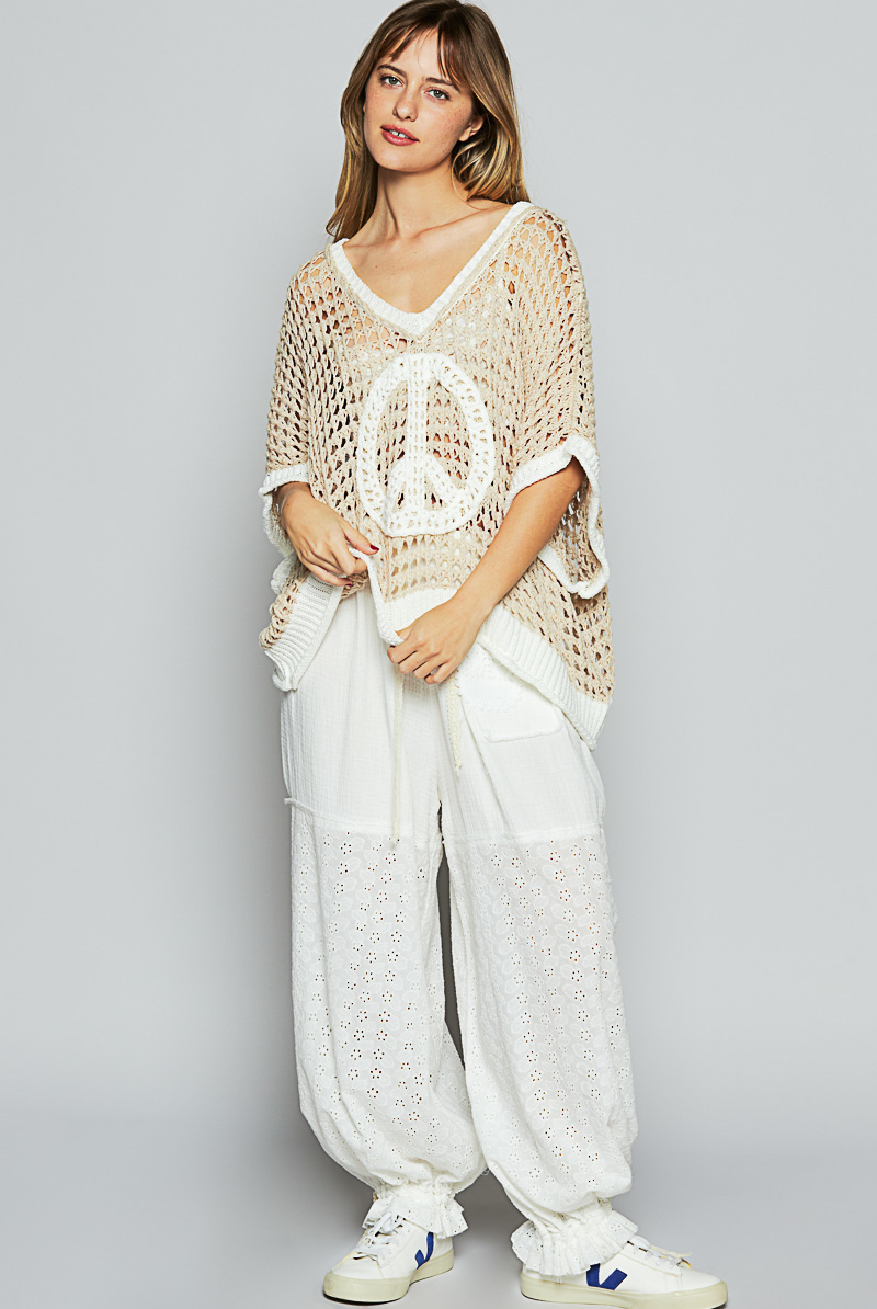 Open Crochet Oversized Peace Sign Sweater - POL - RARA Boutique