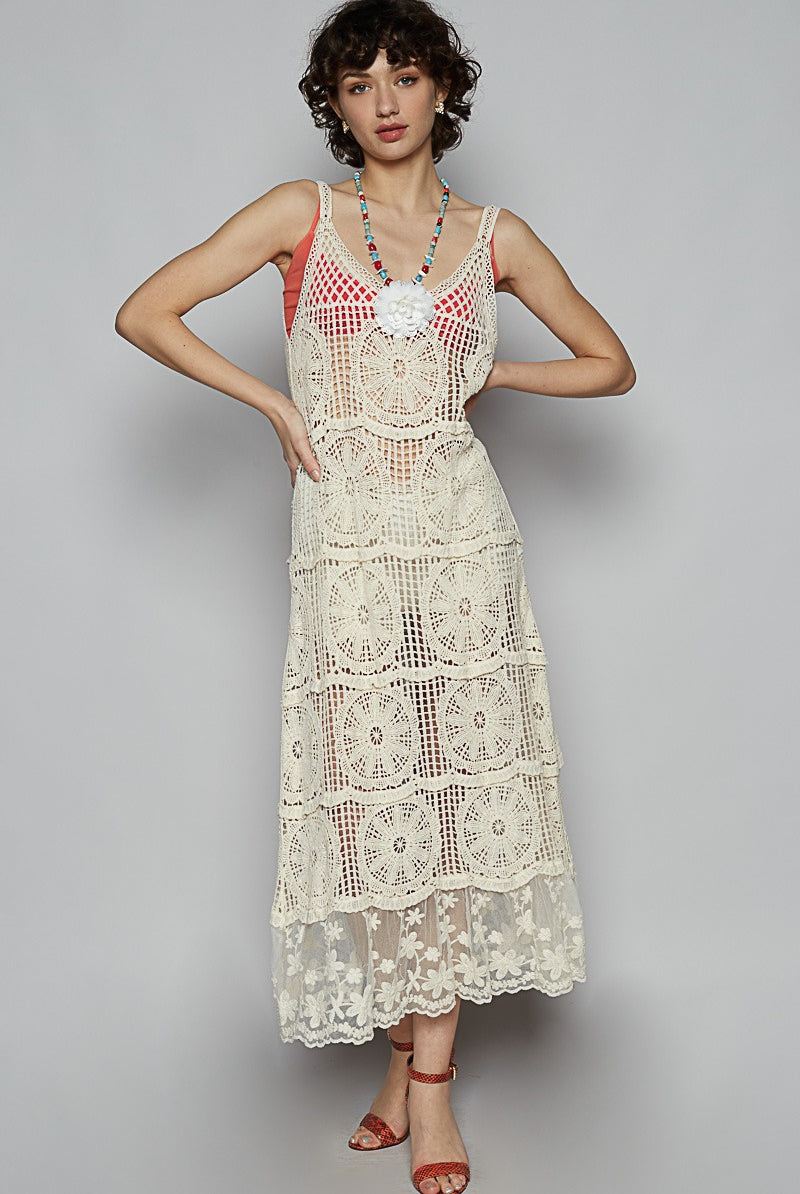Flower Crochet Maxi Dress with Lace Bottom Hem - POL - RARA Boutique