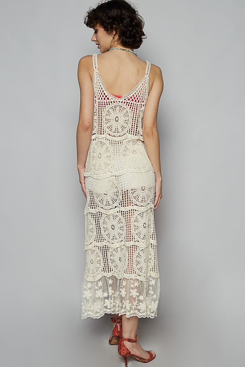 Flower Crochet Maxi Dress with Lace Bottom Hem - POL - RARA Boutique