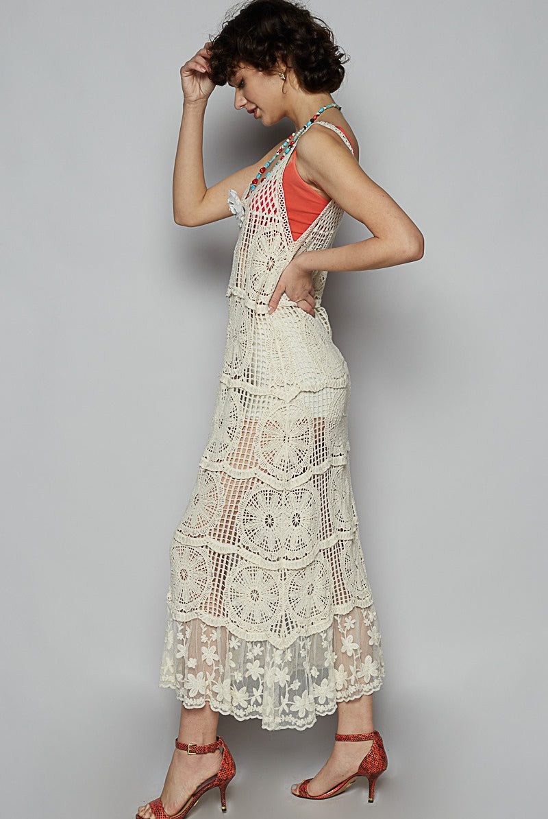 Flower Crochet Maxi Dress with Lace Bottom Hem - POL - RARA Boutique