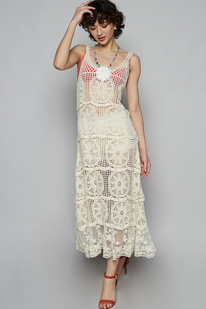 Flower Crochet Maxi Dress with Lace Bottom Hem - POL - RARA Boutique