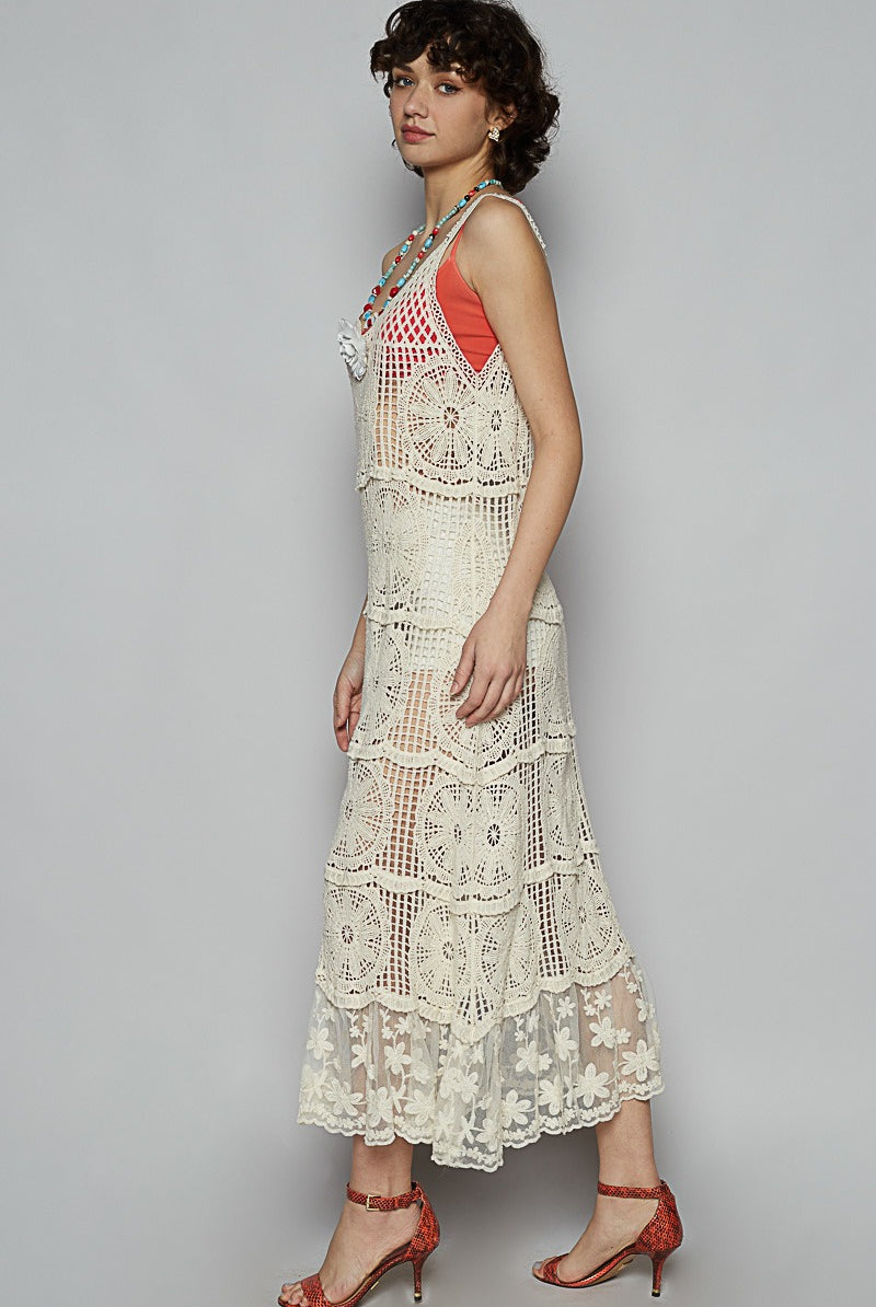 Flower Crochet Maxi Dress with Lace Bottom Hem - POL - RARA Boutique