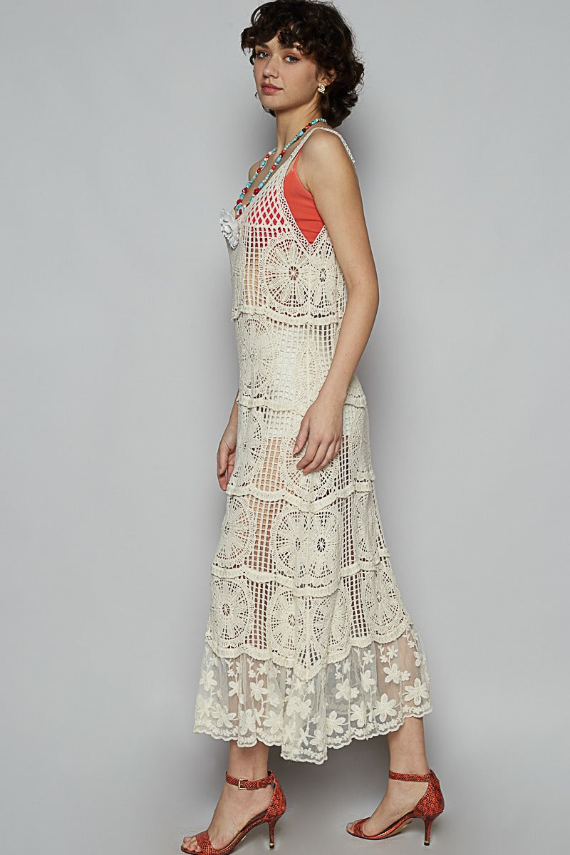 Flower Crochet Maxi Dress with Lace Bottom Hem - POL - RARA Boutique