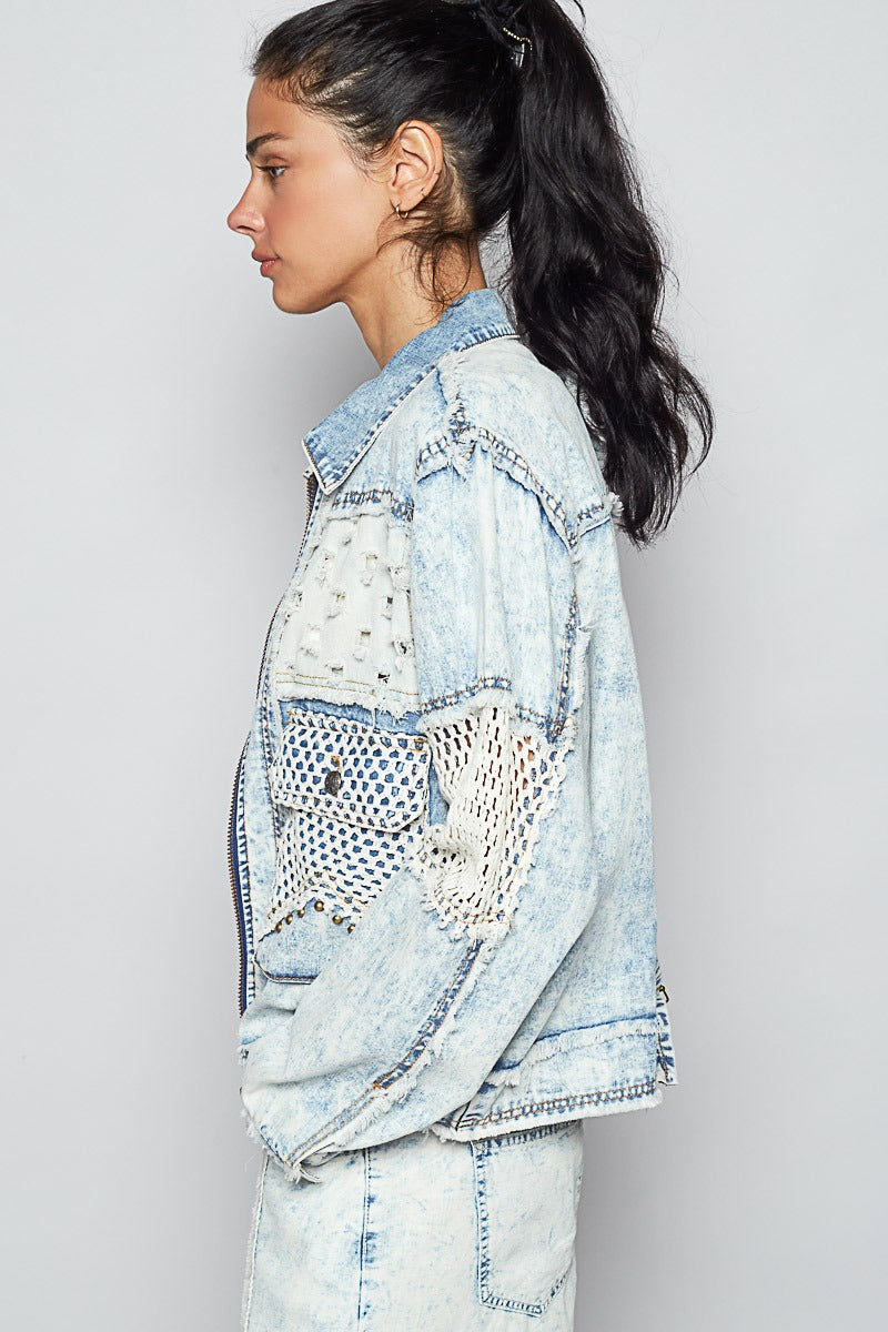 Crochet Sleeve Studded Acid Washed Denim Jacket - POL - RARA Boutique