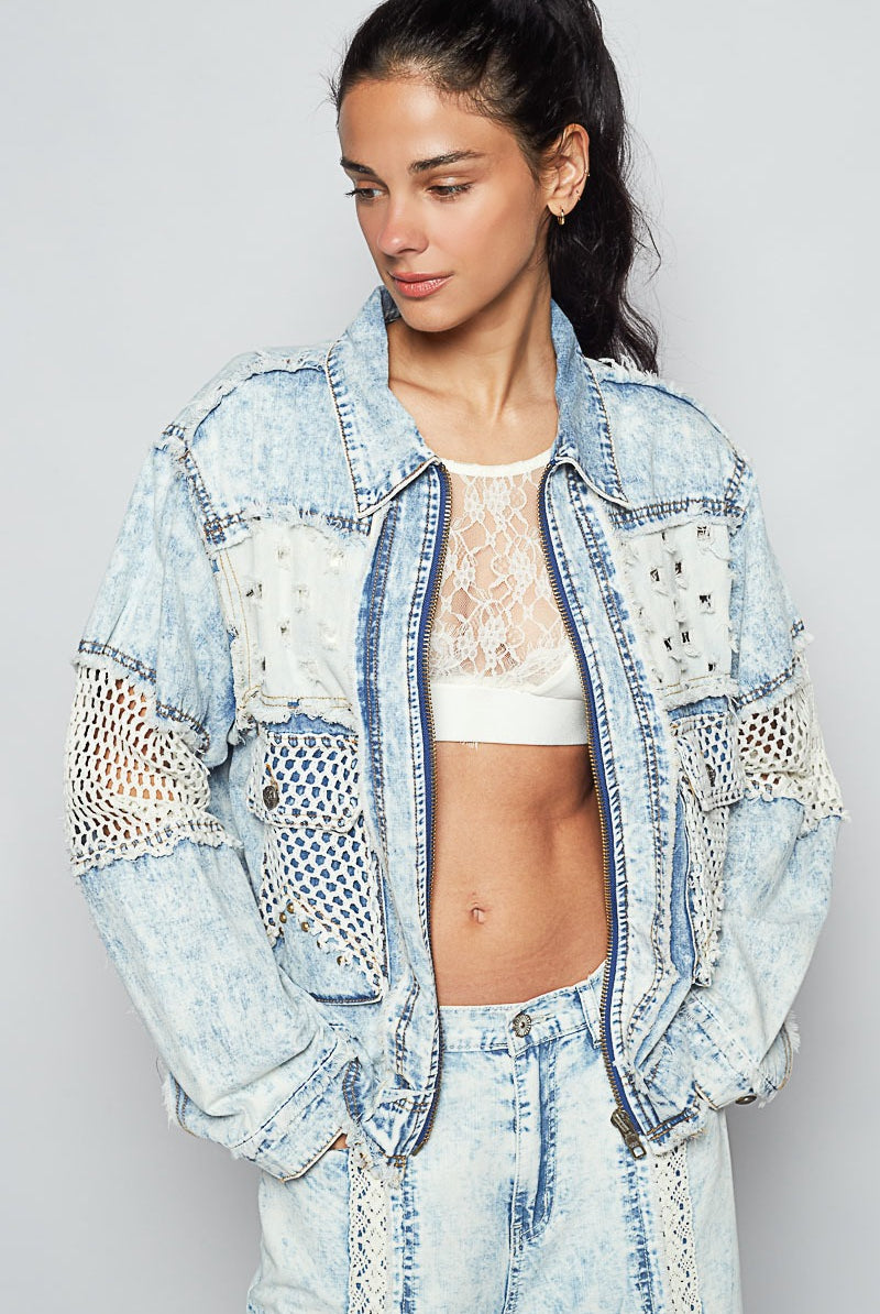 Crochet Sleeve Studded Acid Washed Denim Jacket - POL - RARA Boutique