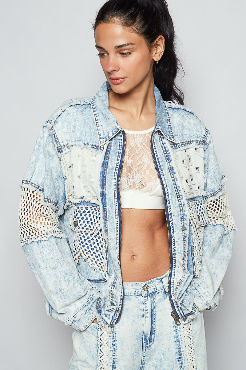 Crochet Sleeve Studded Acid Washed Denim Jacket - POL - RARA Boutique