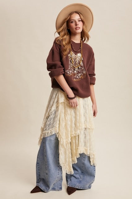 Sequin Bow Western Cowboy Boots Embroidered Sweater - Listicle - RARA Boutique