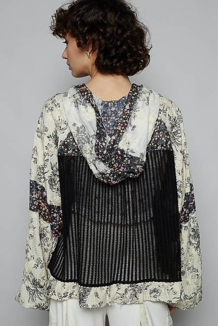 RARA Boutique floral contrast crochet and gauze jacket with balloon sleeves, lightweight and stylish for spring and summer wear.