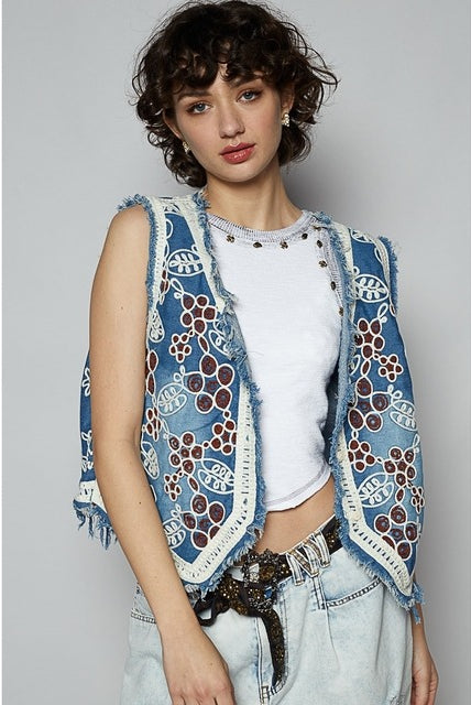 RARA Boutique embroidered floral frayed hem denim vest, stylish sleeveless jacket with floral embroidery and distressed edges.