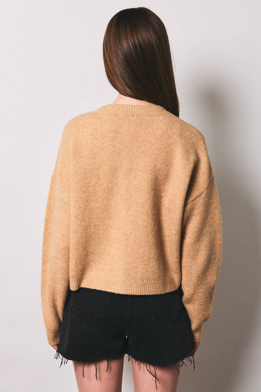 Le Lis horse graphic crew neck cardigan featuring a detailed horse illustration on a cozy knit fabric.