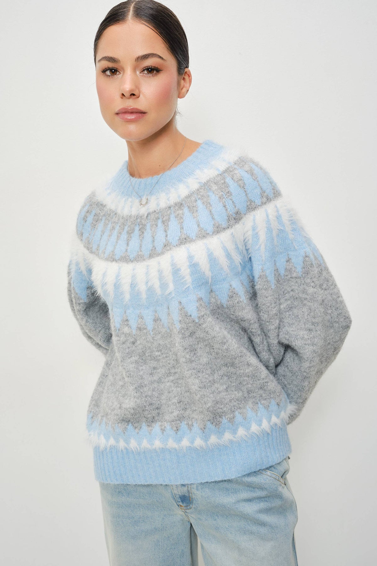 Pretty Garbage Kenzie Faire Isle crewneck pullover with a cozy, casual fit, shown in a soft fabric and classic design.