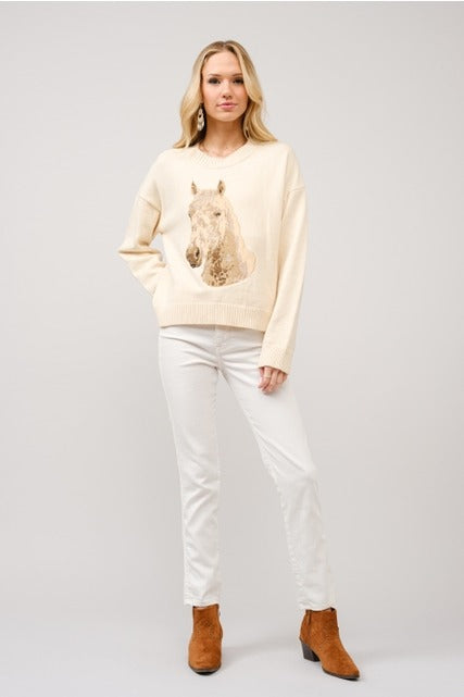 Blue embroidered horse crew neck sweater by RARA Boutique, featuring detailed horse design on soft knit fabric.