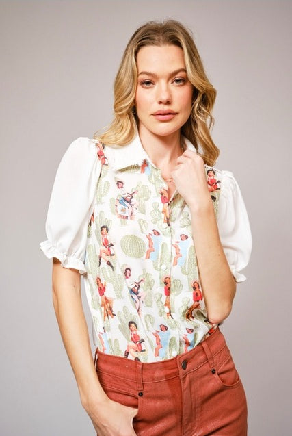 Western Pin Up Girl Cactus Print Lace Collar Blouse - Blue B - RARA Boutique