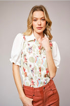 Western Pin Up Girl Cactus Print Lace Collar Blouse - Blue B - RARA Boutique