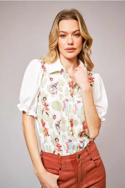 Western Pin Up Girl Cactus Print Lace Collar Blouse - Blue B - RARA Boutique