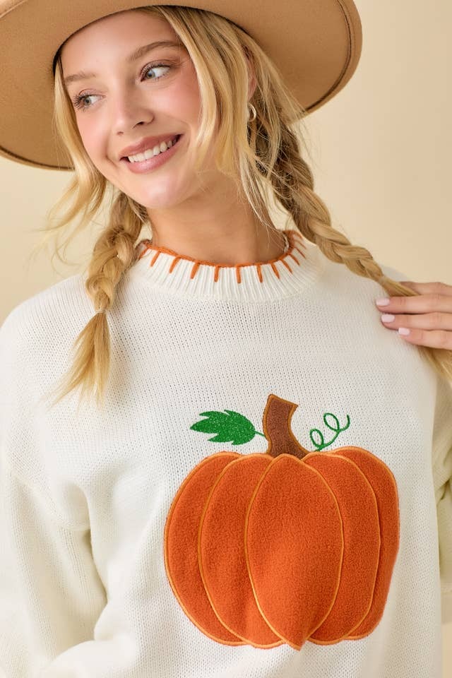 Textured Pumpkin Patch Sweater Knit Top with Stitching Detail - Main Strip - RARA Boutique