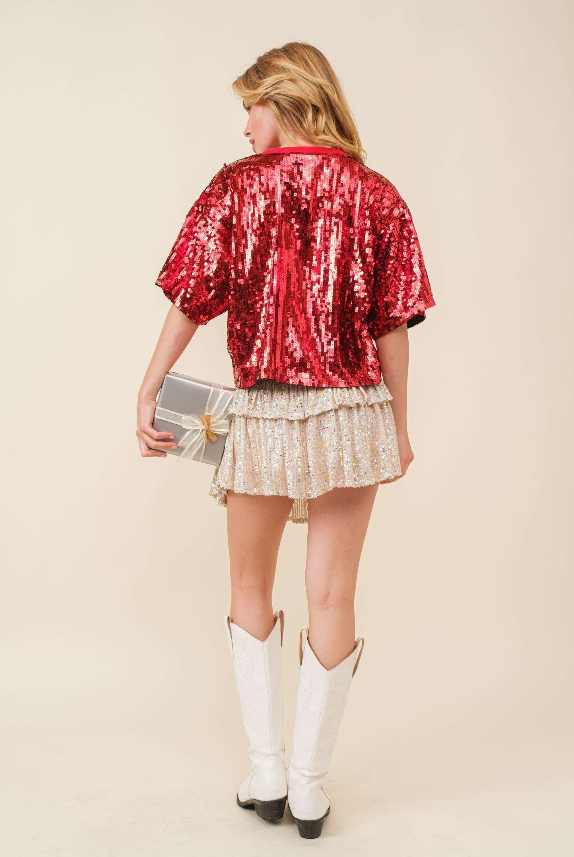 Christmas Bowtie Print Sequin Crop Top - RARA Boutique