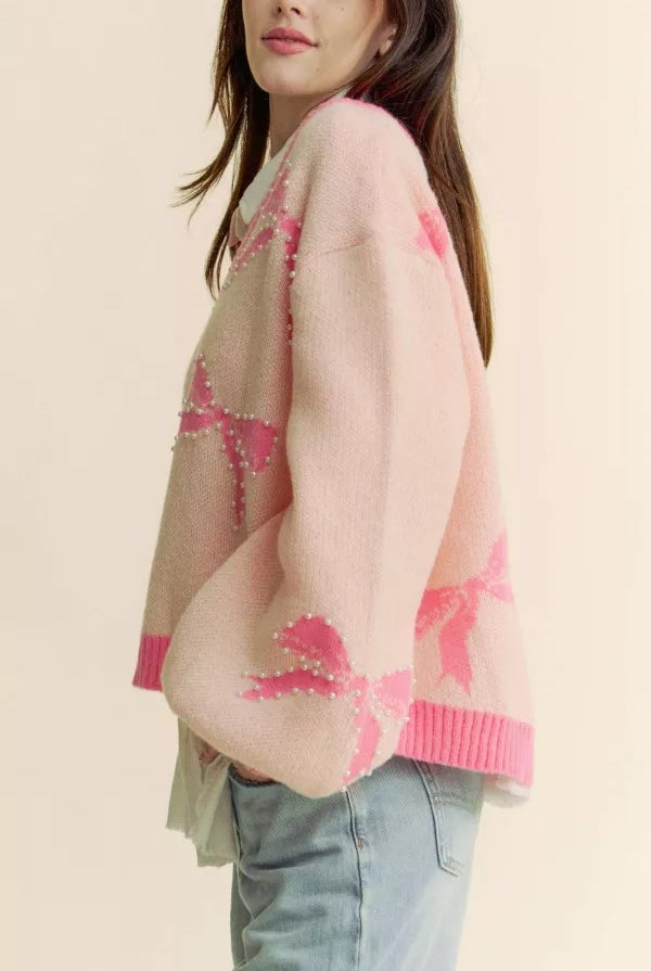 Pearl Studded Bow Balloon Sleeve V-Neck Sweater - Davi & Dani - RARA Boutique