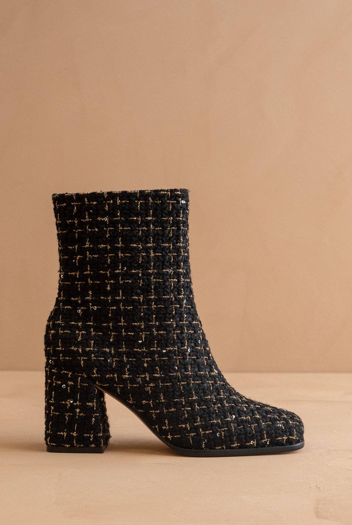 Black tweed woven block heel ankle fall boot from Oasis Society, The Demi, with stylish woven texture and sturdy heel.