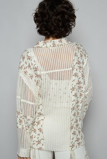 Floral Gauze Patch Crochet Button Down Shirt - POL - RARA Boutique