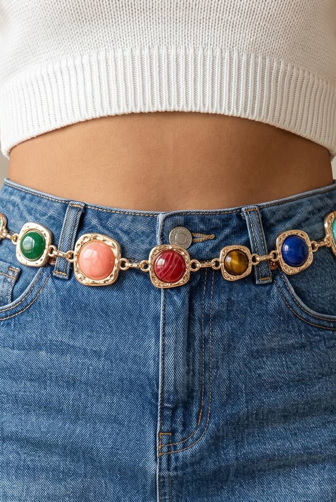 Gemstone cabochon station chain belt with colorful stones, designed by Collections by Fame Accessories, featuring a stylish accessory.
