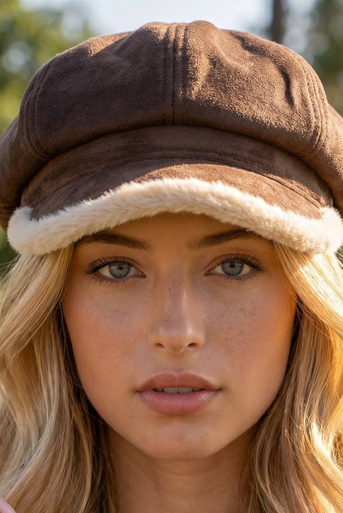 Vegan suede newsboy cabbie hat with plush trim in a classic style, designed by Collections by Fame Accessories.