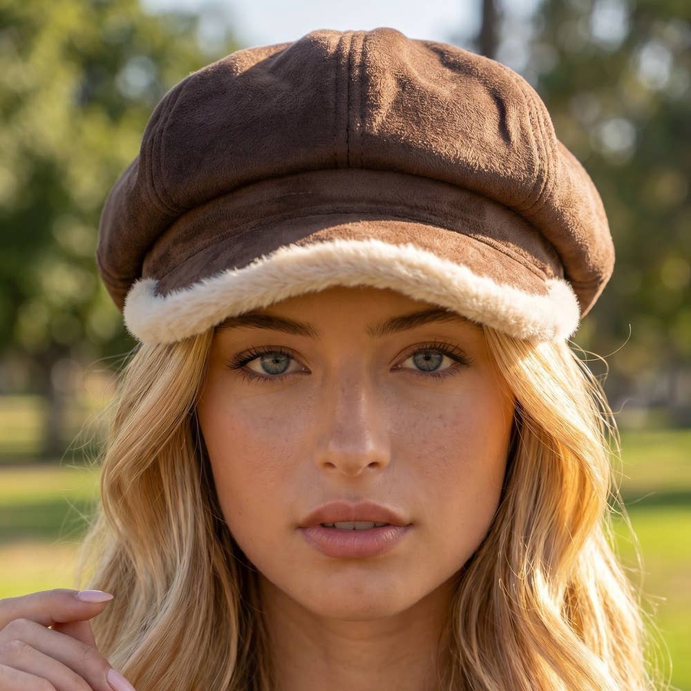 Vegan suede newsboy cabbie hat with plush trim in a classic style, designed by Collections by Fame Accessories.